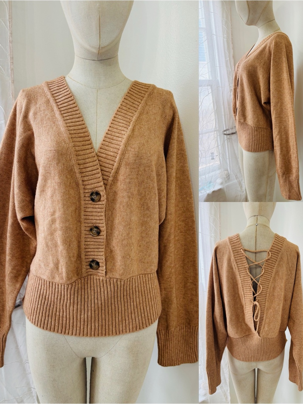 V-Neck Lace-Up Back Sweater Cardigan - Camel/Tan
